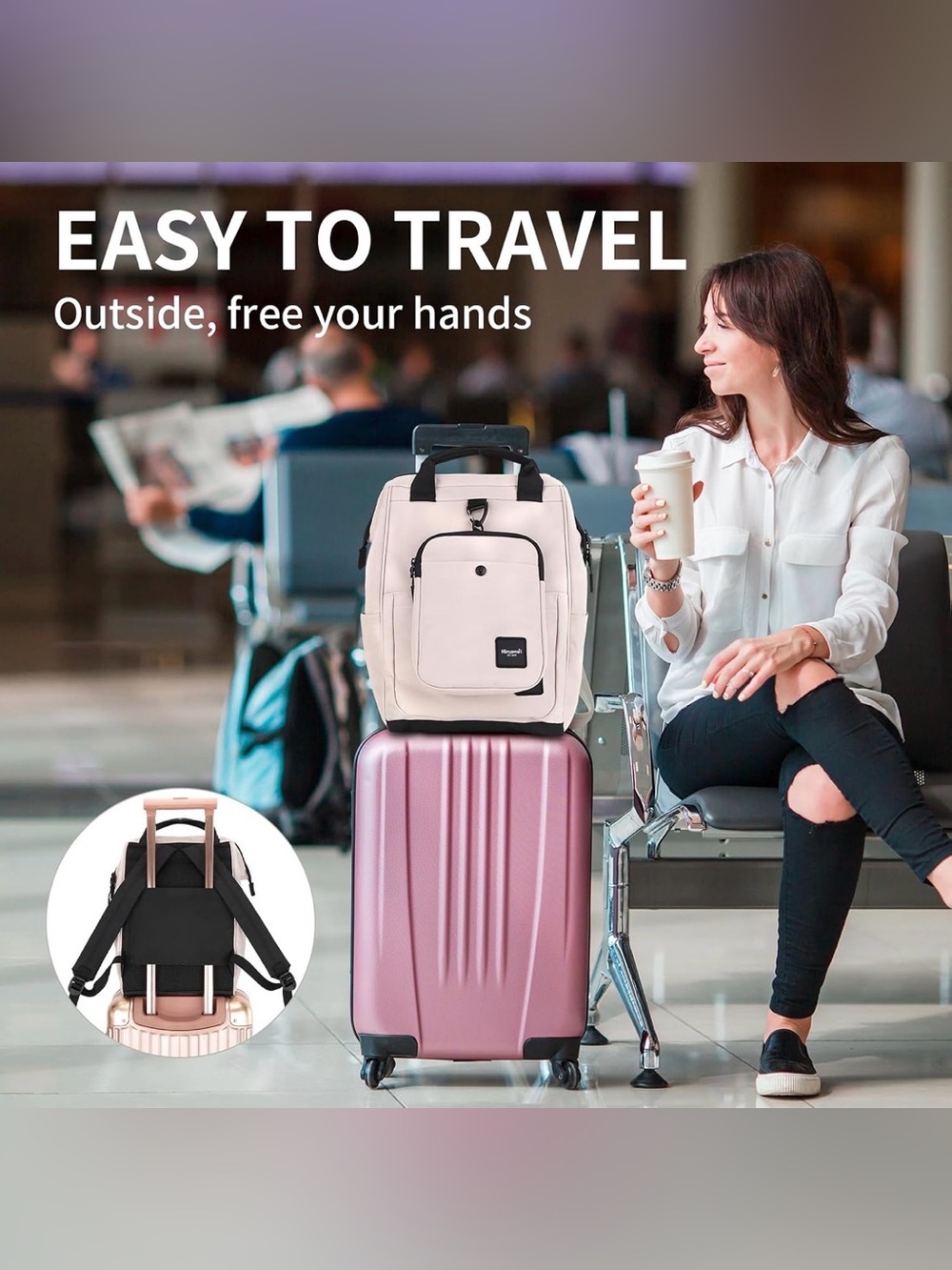 NWT Himawari 14.9” Laptop Backpack Pink Beige Water Resistant - Picture 8 of 8